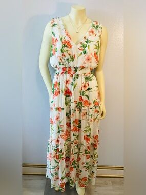 Floral V-Neck White Maxi Dress with Coral Print